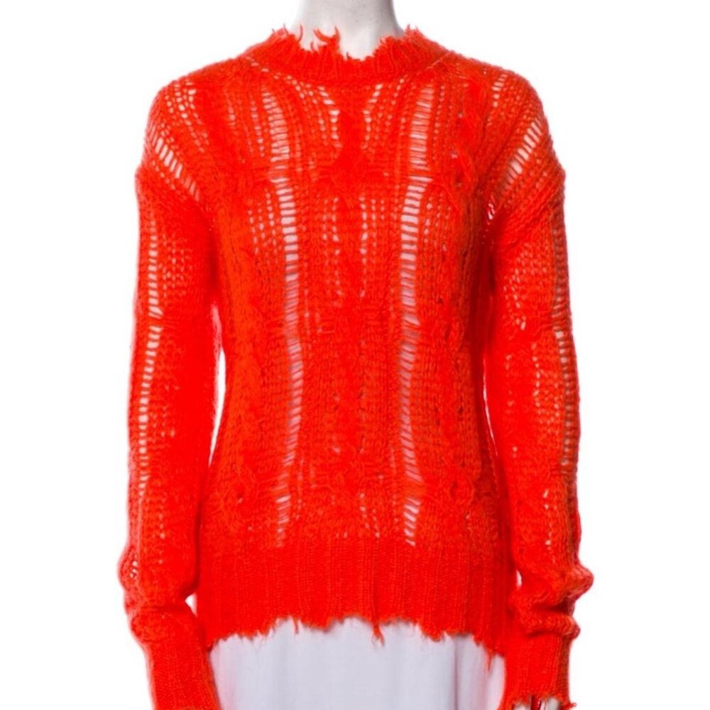 Acne Sheer Open-Knit Crewneck Sweater in Vibrant Orange